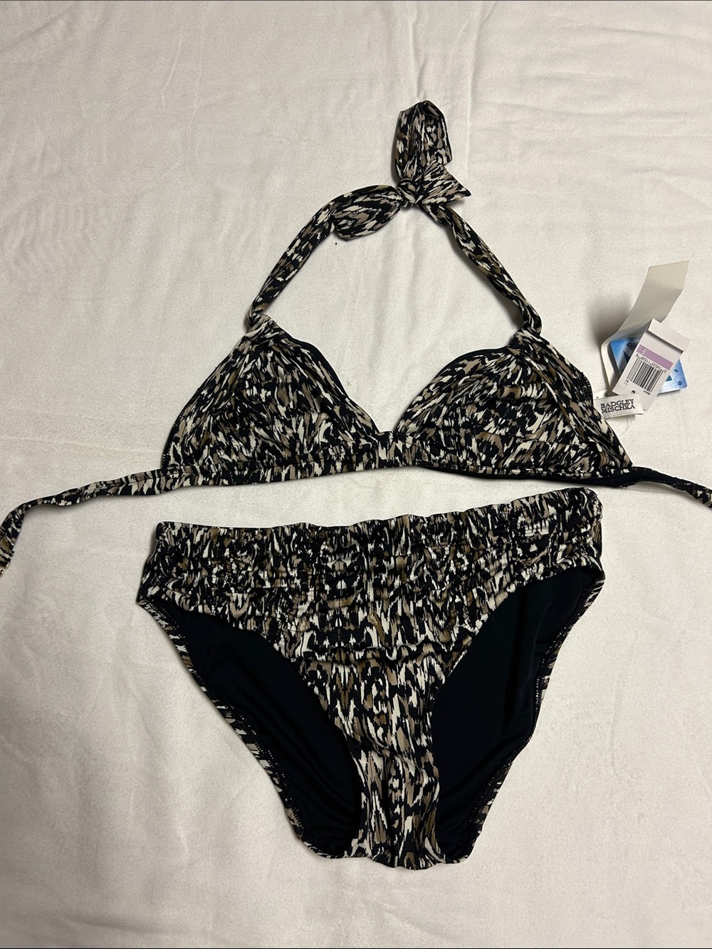 Badgley Mischka Black and Cream Printed Halter Bikini
